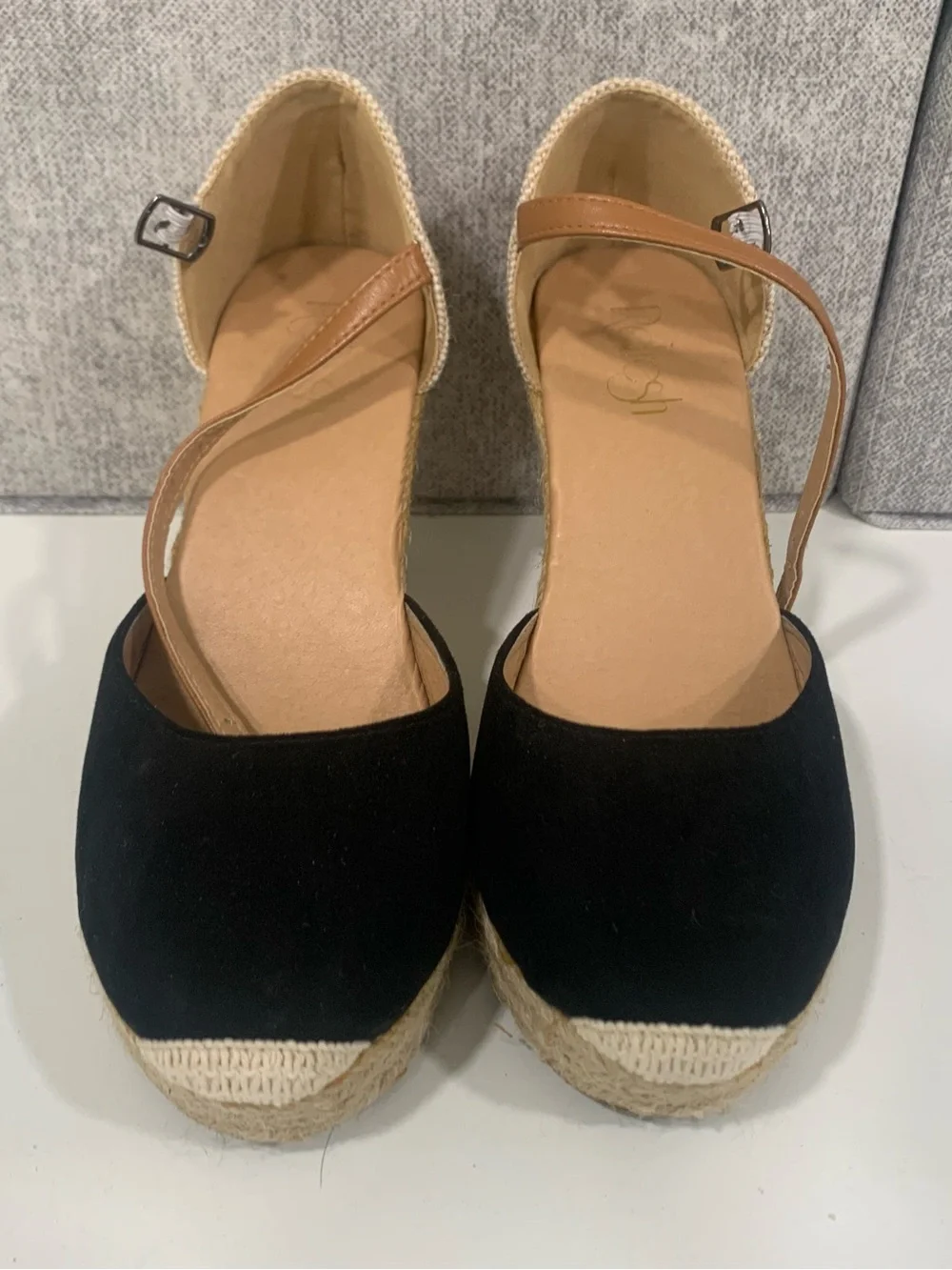 Refresh Black Espadrille Wedges with Tan Ankle Straps